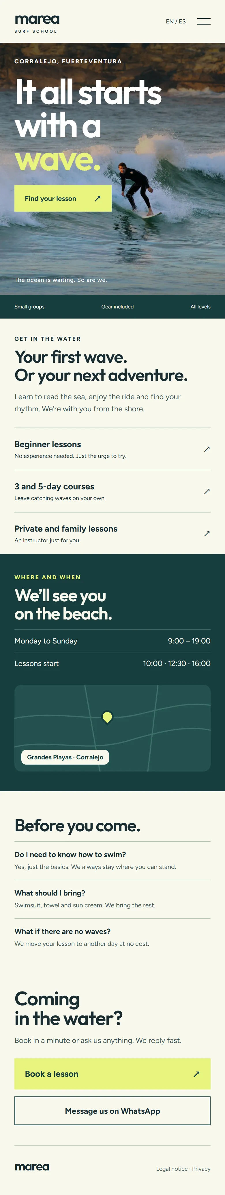 Marea Surf School's website (surf school) on a phone