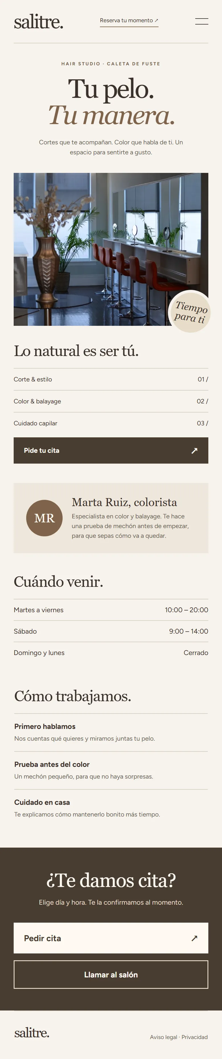 Web de Salitre (peluquería) vista en el móvil